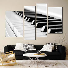 Load image into Gallery viewer, classical piano canvas wall art isolated black piano keyboard 4 piece canvas music harmony canvas print white music instrument multi canvas In Living Room
