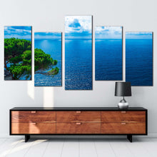 Load image into Gallery viewer, clouds ocean canvas wall art green trees ocean 5 piece canvas coast of the adriatic sea canvas print blue seascape canvas multiple canvas
