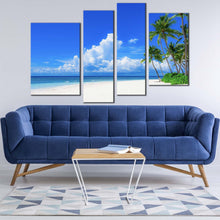 Load image into Gallery viewer, cloudy ocean canvas print blue ocean sky 4 piece canvas wall art green trees ocean beach canvas set for living room
