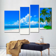 Load image into Gallery viewer, cloudy ocean canvas print blue ocean sky 4 piece canvas wall art green trees ocean beach canvas set
