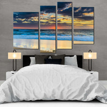 Load image into Gallery viewer, cloudy ocean canvas print central coast blue ocean waves 4 piece canvas wall art australia yellow sky beach sea multiple canvas in bedroom
