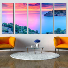 Load image into Gallery viewer, cloudy ocean canvas print orange sky mediterranean sea spain blue pink ocean 5 piece canvas wall art In Living room
