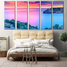 Load image into Gallery viewer, cloudy ocean canvas print orange sky mediterranean sea spain blue pink ocean 5 piece canvas wall art For Bedroom
