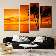 Load image into Gallery viewer, cloudy ocean canvas print orange yellow ocean sky 4 piece canvas print silhouette palm trees canvas wall art for living room
