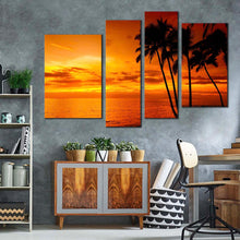 Load image into Gallery viewer, cloudy ocean canvas print orange yellow ocean sky 4 piece canvas print silhouette palm trees canvas wall art for your living room 
