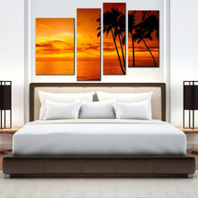 Load image into Gallery viewer, cloudy ocean canvas print orange yellow ocean sky 4 piece canvas print silhouette palm trees canvas wall art
