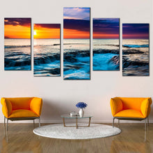 Load image into Gallery viewer, cloudy ocean canvas wall art blue sea waves multiple canvas hawaiian orange sunset 5 piece canvas print In Living Room
