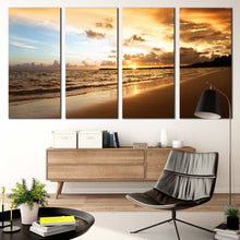 Load image into Gallery viewer, cloudy ocean canvas wall art brown ocean beach multi canvas artwork yellow sunset seascape 4 piece canvas wall art In Living Room
