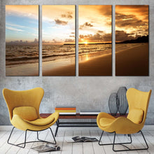 Load image into Gallery viewer, cloudy ocean canvas wall art brown ocean beach multi canvas artwork yellow sunset seascape 4 piece canvas wall art 3 For Living room
