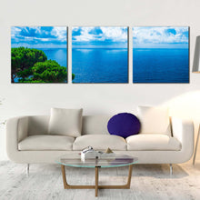 Load image into Gallery viewer, cloudy  ocean  canvas  wall  art  green  trees  adriatic  sea  3  piece  canvas  print  beautiful  blue  ocean  triptych  multiple  canvas In Living Room
