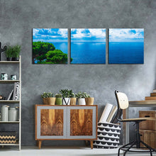 Load image into Gallery viewer, cloudy  ocean  canvas  wall  art  green  trees  adriatic  sea  3  piece  canvas  print  beautiful  blue  ocean  triptych  multiple  canvas
