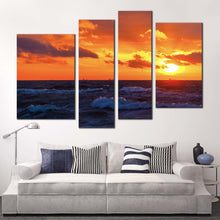 Load image into Gallery viewer, cloudy ocean canvas wall art orange ocean sky 4 piece canvas set blue ocean sea waves canvas print for living room
