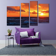 Load image into Gallery viewer, cloudy ocean canvas wall art orange ocean sky 4 piece canvas set blue ocean sea waves canvas print for your living room 
