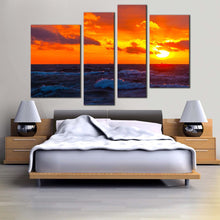 Load image into Gallery viewer, cloudy ocean canvas wall art orange ocean sky 4 piece canvas set blue ocean sea waves canvas print
