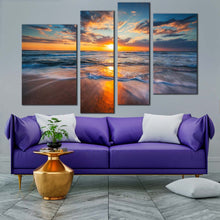 Load image into Gallery viewer, cloudy ocean canvas wall art orange ocean sunset seascape 4 piece canvas print blue ocean waves multiple canvas for living room
