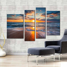 Load image into Gallery viewer, cloudy ocean canvas wall art orange ocean sunset seascape 4 piece canvas print blue ocean waves multiple canvas
