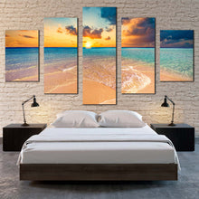 Load image into Gallery viewer, cloudy ocean canvas wall art yellow sky maldives island canvas print blue sea ocean beach 5 piece multi canvas artwork For Bedroom
