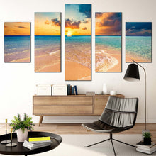 Load image into Gallery viewer, cloudy ocean canvas wall art yellow sky maldives island canvas print blue sea ocean beach 5 piece multi canvas artwork In Living Room
