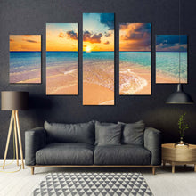 Load image into Gallery viewer, cloudy ocean canvas wall art yellow sky maldives island canvas print blue sea ocean beach 5 piece multi canvas artwork For Living room
