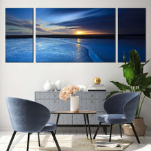 Load image into Gallery viewer, cloudy  ocean  canvas  wall  art  yellow  sunrise  seascape  3  piece  canvas  print  beautiful  blue  sky  ocean  triptych  multi  canvas  artwork In Living Room
