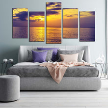 Load image into Gallery viewer, cloudy ocean canvas wall art yellow sunset ocean sky 5 piece canvas print blue clouds calm sea canvas set For Bedroom
