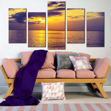 Load image into Gallery viewer, cloudy ocean canvas wall art yellow sunset ocean sky 5 piece canvas print blue clouds calm sea canvas set In Your Living Room
