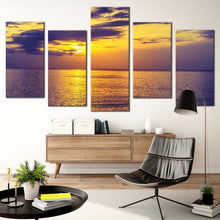 Load image into Gallery viewer, cloudy ocean canvas wall art yellow sunset ocean sky 5 piece canvas print blue clouds calm sea canvas set For Living Room
