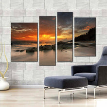 Load image into Gallery viewer, cloudy sky canvas print orange sunset seascape ocean canvas set yellow sky boulders 4 piece canvas wall art in living room
