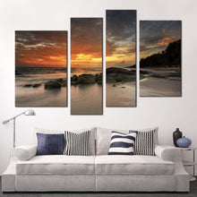 Load image into Gallery viewer, cloudy sky canvas print orange sunset seascape ocean canvas set yellow sky boulders 4 piece canvas wall art for living room
