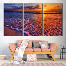 Load image into Gallery viewer, cloudy sunset canvas wall art blue orange ocean beach 3 piece canvas set ocean wave canvas print In Living room
