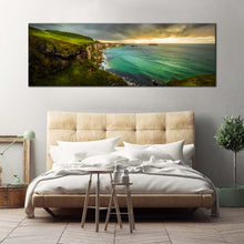 Load image into Gallery viewer, coastline  ocean  canvas  wall  art  ballintoy  green  ocean  1  piece  canvas  print  cloudy  yellow  sunset  sea  canvas  artwork For Bedroom
