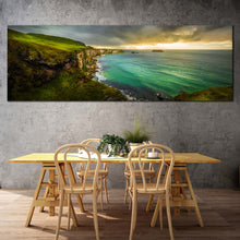 Load image into Gallery viewer, coastline  ocean  canvas  wall  art  ballintoy  green  ocean  1  piece  canvas  print  cloudy  yellow  sunset  sea  canvas  artwork In Dinning Room
