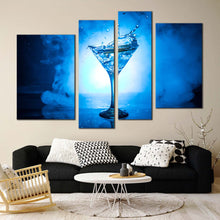 Load image into Gallery viewer, cocktail drink canvas wall art blue martini glass 4 piece canvas print white background martini cocktail splash multiple canvas for living room
