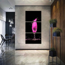 Load image into Gallery viewer, cocktail  explosion  canvas  wall  art  purple  cocktail  splash  3  piece  canvas  set  black  background  cocktail  art  print
