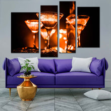 Load image into Gallery viewer, cocktail glasses canvas wall art orange yellow cocktail party glasses 4 piece canvas print cocktail celebration multi canvas artwork 
