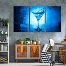 Load image into Gallery viewer, cocktail splash canvas wall art white blue background martini cocktail 3 piece canvas cocktail splashing triptych canvas print
