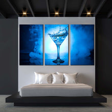 Load image into Gallery viewer, cocktail splash canvas wall art white blue background martini cocktail 3 piece canvas cocktail splashing triptych canvas print For Bedroom
