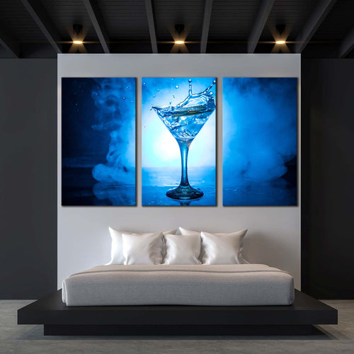 cocktail splash canvas wall art white blue background martini cocktail 3 piece canvas cocktail splashing triptych canvas print For Bedroom