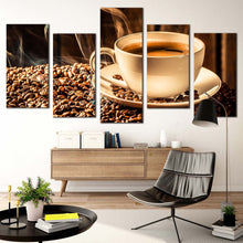 Load image into Gallery viewer, coffee background canvas print white coffee mug multi canvas artwork brown coffee beans 5 piece canvas wall art For Living Room
