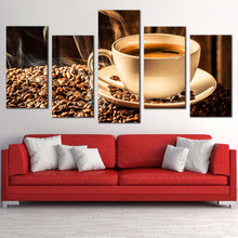 Load image into Gallery viewer, coffee background canvas print white coffee mug multi canvas artwork brown coffee beans 5 piece canvas wall art In Living Room
