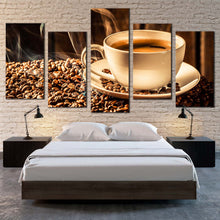 Load image into Gallery viewer, coffee background canvas print white coffee mug multi canvas artwork brown coffee beans 5 piece canvas wall art For Bedroom
