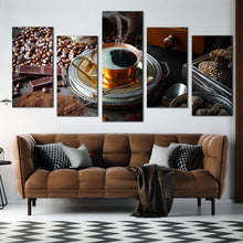 Load image into Gallery viewer, coffee background canvas wall art black coffee canvas print brown coffee beans scene 5 piece multi canvas In Living Room
