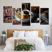 Load image into Gallery viewer, coffee background canvas wall art black coffee canvas print brown coffee beans scene 5 piece multi canvas For Your Bedroom
