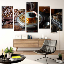 Load image into Gallery viewer, coffee background canvas wall art black coffee canvas print brown coffee beans scene 5 piece multi canvas For Living Room
