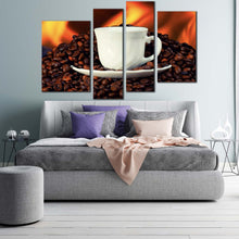 Load image into Gallery viewer, coffee beans canvas print white coffee cup saucer 4 piece canvas wall art brown coffee canvas set in bedroom
