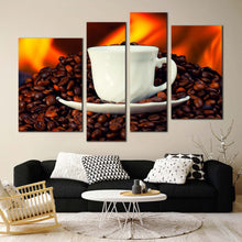 Load image into Gallery viewer, coffee beans canvas print white coffee cup saucer 4 piece canvas wall art brown coffee canvas set for living room
