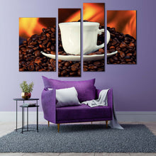 Load image into Gallery viewer, coffee beans canvas print white coffee cup saucer 4 piece canvas wall art brown coffee canvas set
