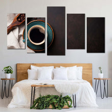 Load image into Gallery viewer, coffee beans canvas wall art brown coffee background 5 piece multiple canvas black coffee cup and beans canvas print In Bedroom
