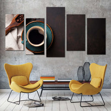 Load image into Gallery viewer, coffee beans canvas wall art brown coffee background 5 piece multiple canvas black coffee cup and beans canvas print In Living Room
