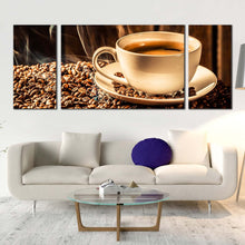 Load image into Gallery viewer, coffee  beans  canvas  wall  art  white  coffee  cup  3  piece  canvas  print  brown  coffee  background  multiple  canvas In Living Room
